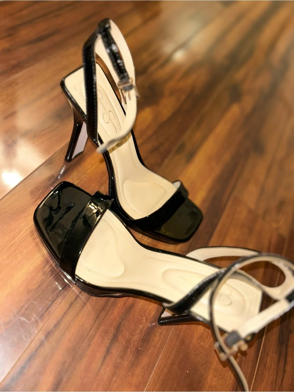 Jessica Black Patent Ankle-Strap Heels